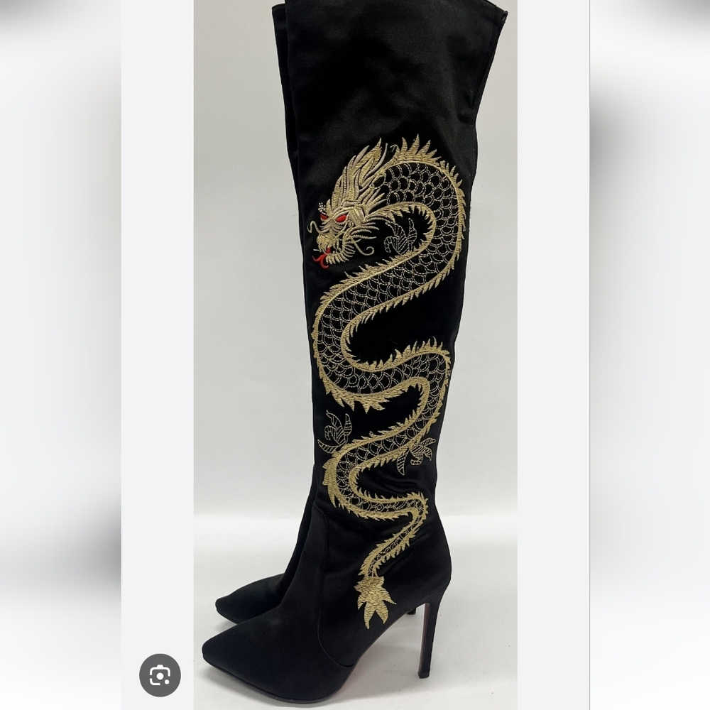 Over-the-Knee Black Boots with Gold Dragon Embroidery